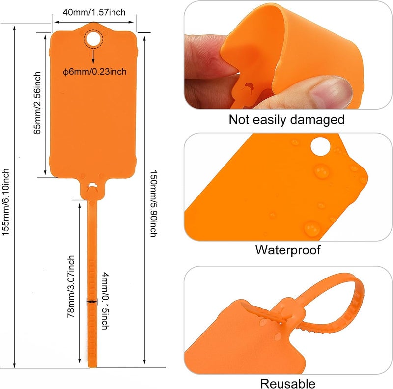 LeadSeals 100pcs Blank Plastic Tags for Labeling Reusable Hanging Tags Ties Key Tag Storage Labels Waterproof Plastic Mark Label Writable Hang Sign with One Marker Pen (Orange) - Image 3